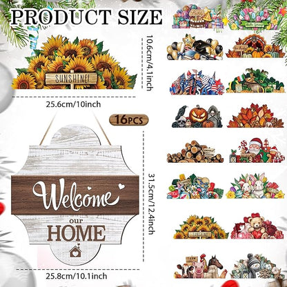 Yousoontic 17 Pcs 12 Inch Magnetic Welcome Door Sign Interchangeable Front Door Decor Rustic Fall Seasonal Hanging Sign Halloween Christmas Decor for Home Warming Gift(Bright Color,Classic Welcome)