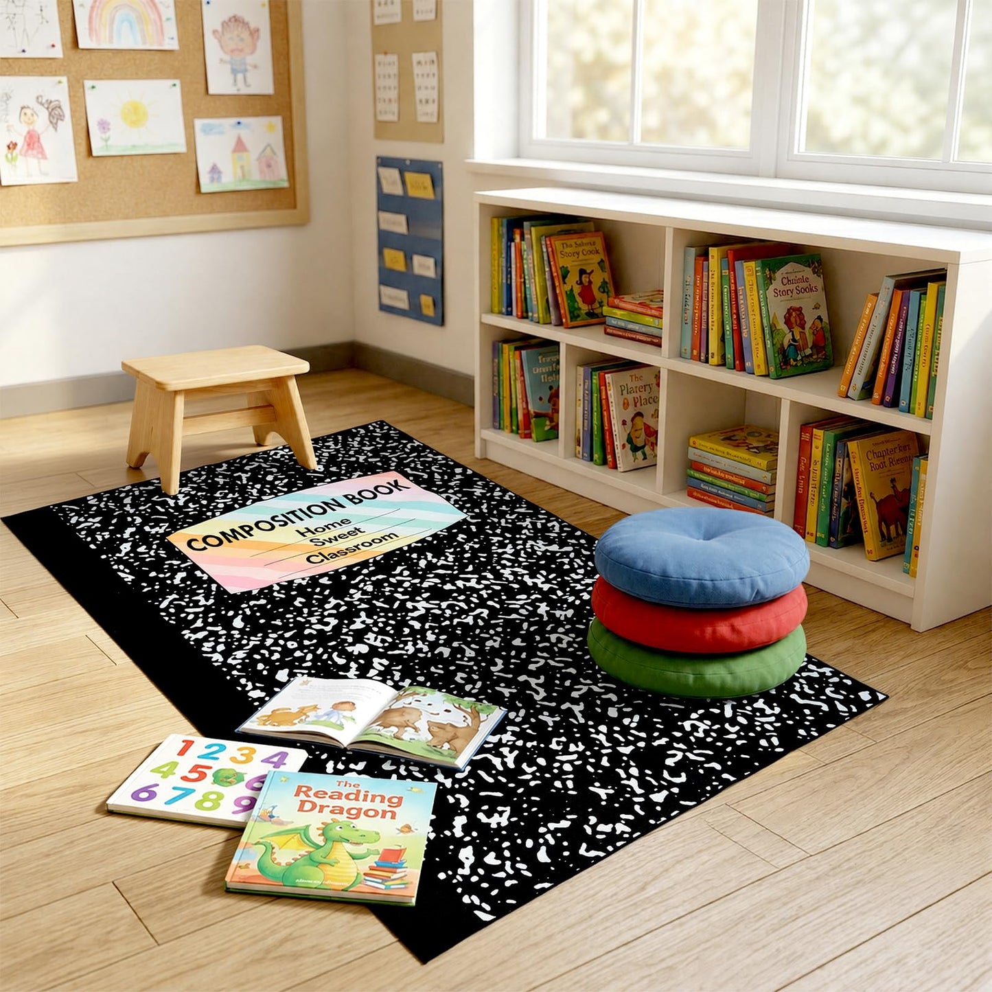 APUDWN Composition Notebook Classroom Rug 7x5 Ft Large Non Slip Educational Area Carpet Soft Back to School Floor Mat Decor for First Day Teacher Party Gift Nursery Playroom Homeschool Reading Corner
