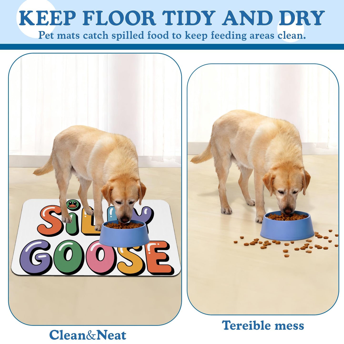 Silly Goose Pet Food Mat for Cats and Dogs–Absorbent Quick Dry Feeding Placemat, Non Slip Rubber Base, Waterproof Bowl Mat for Indoor Use, Pet Supplies 16"x24"