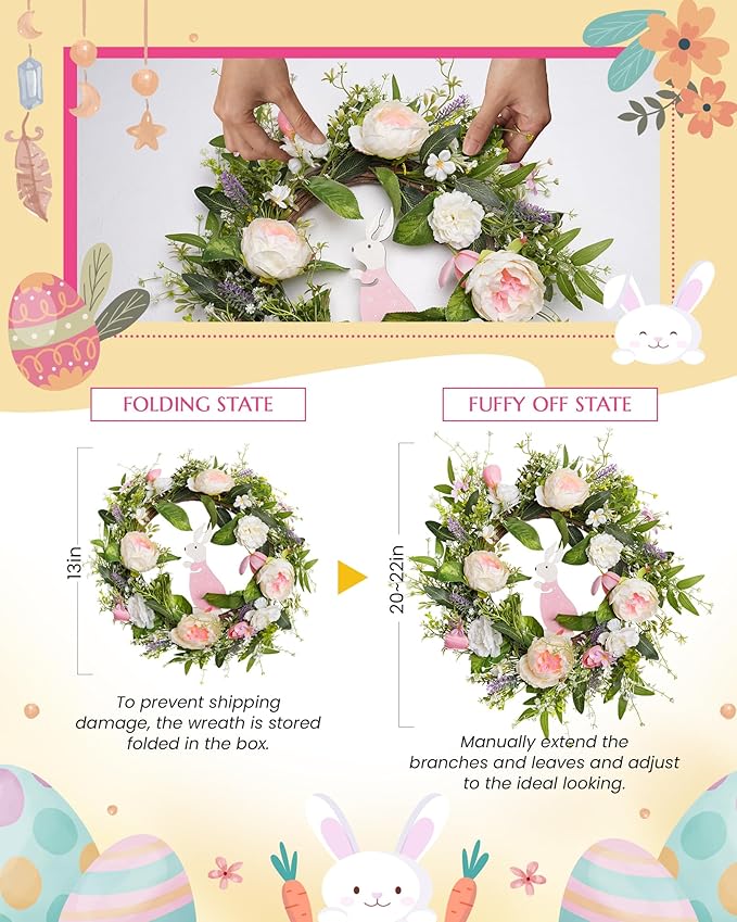 Spring Door Wreath for Front Door with Hook 20-22”, Artificial Spring Door Wreath with White & Pink Peony Lavender Rabbit Wood Sign, Summer Wreaths for Windows Wall Romantic Home Déco