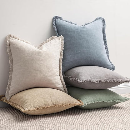 MIULEE Decorative Throw Pillow Covers Neutral Linen Fringe Throw Pillows Set of 2 Light Blue Boho Farmhouse Cushion Covers with Tassels for Couch Sofa Bed Living Room Spring Home Decor 18x18 Inch