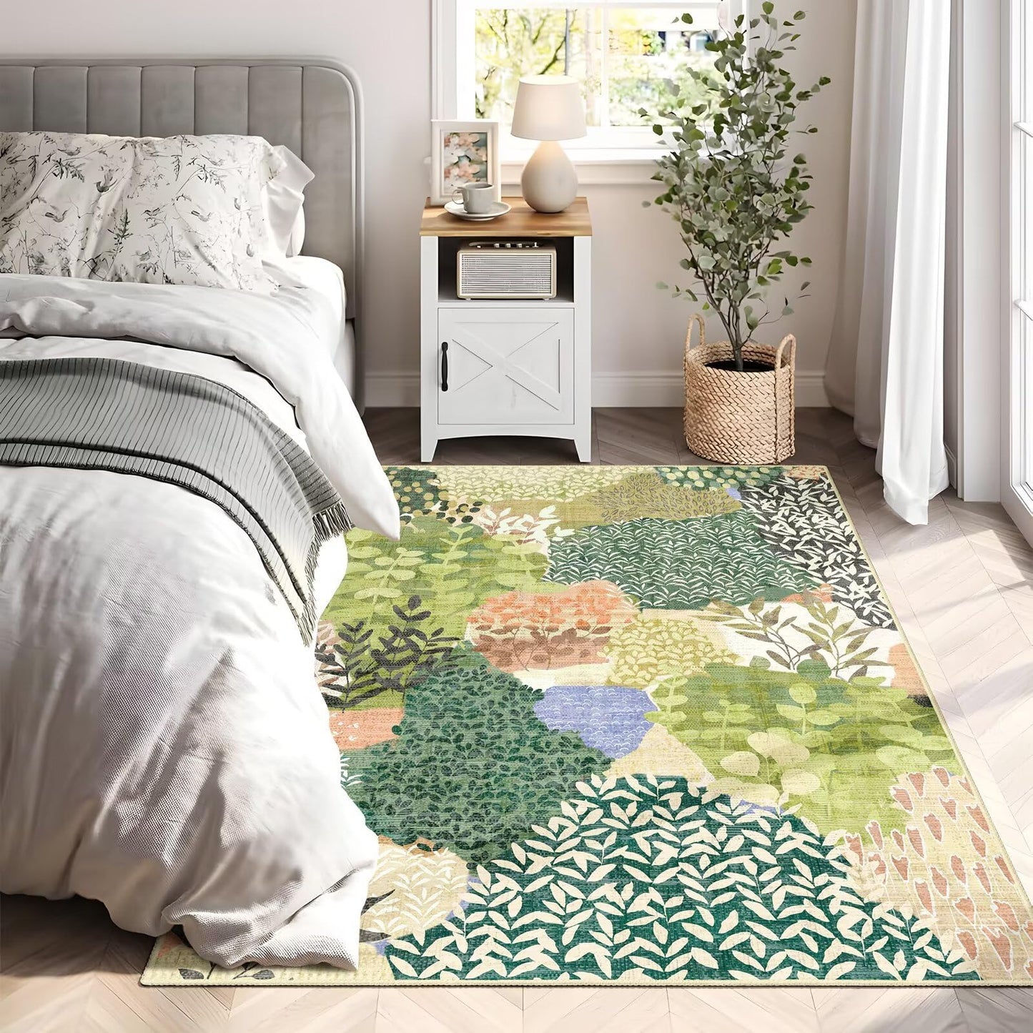 DEXDE Washable Area Rug 3x5 for Living Room, Tropical Vintage Leaf Botanical Rugs Non Slip Soft Kids Room,Abstract Small Boho Carpet for Bedroom, Entryway, Kitchen, Office Dining Room,Green