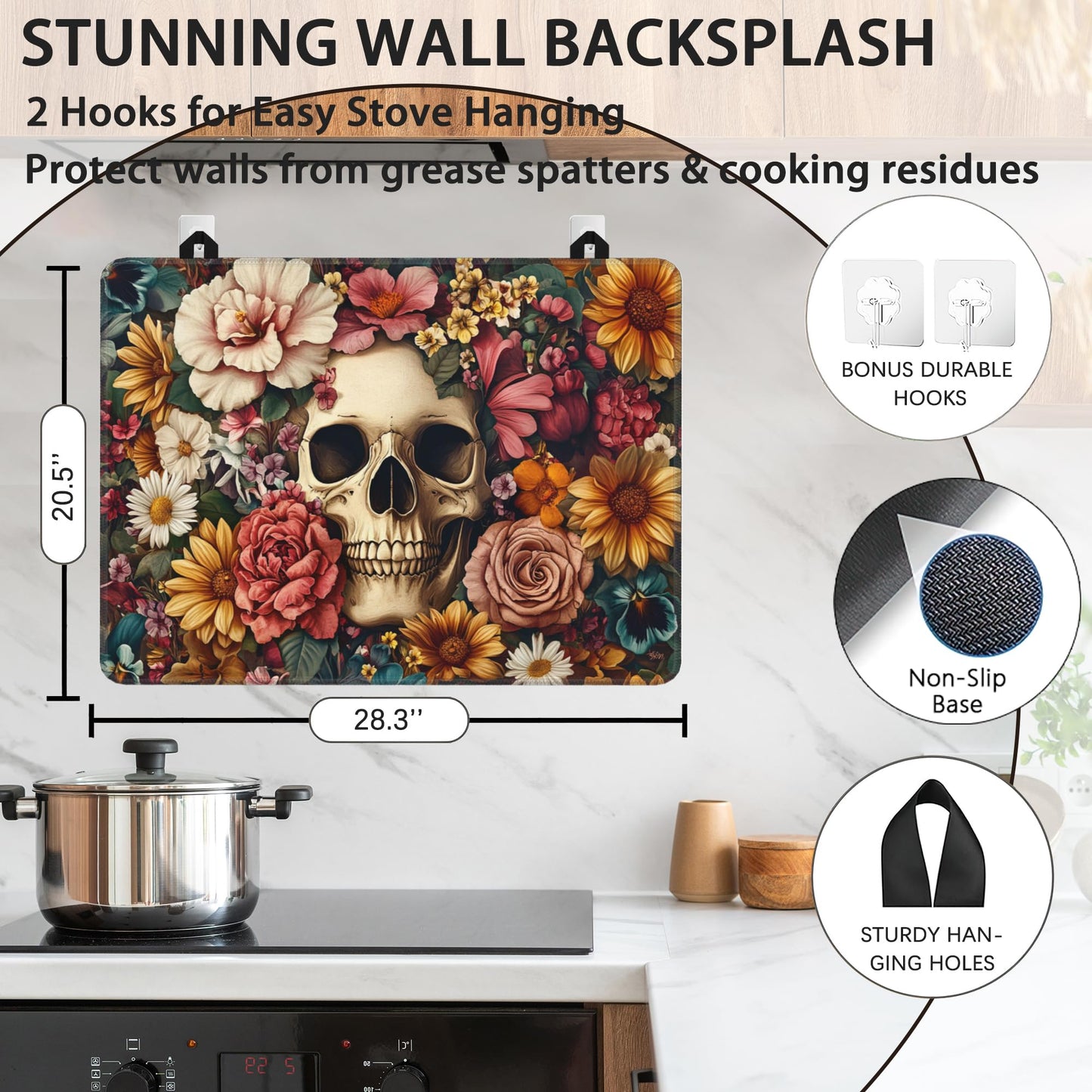 Decorative Electric Stove Cover - Gothic Skull Flower Design, Non-Slip Heat Resistant Protector for Smooth/Glass Top Stoves, Fits 28.5'' x 20.5'' (Not for Gas or Coil)