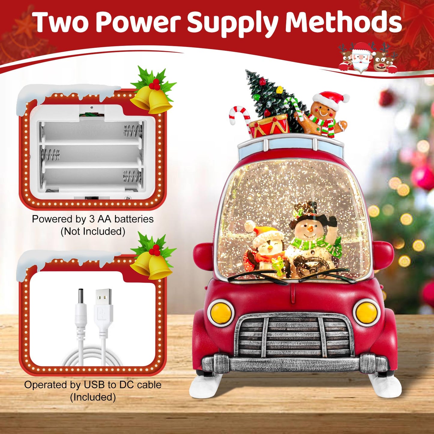 Christmas Snow Globe Lantern with 8 Holiday Music, Christmas Water Snow Globe USB/Battery Powered 6H Timer, Glitter Snowfall Snowman and Penguin Scene for Family Friends (Snowman Penguin)