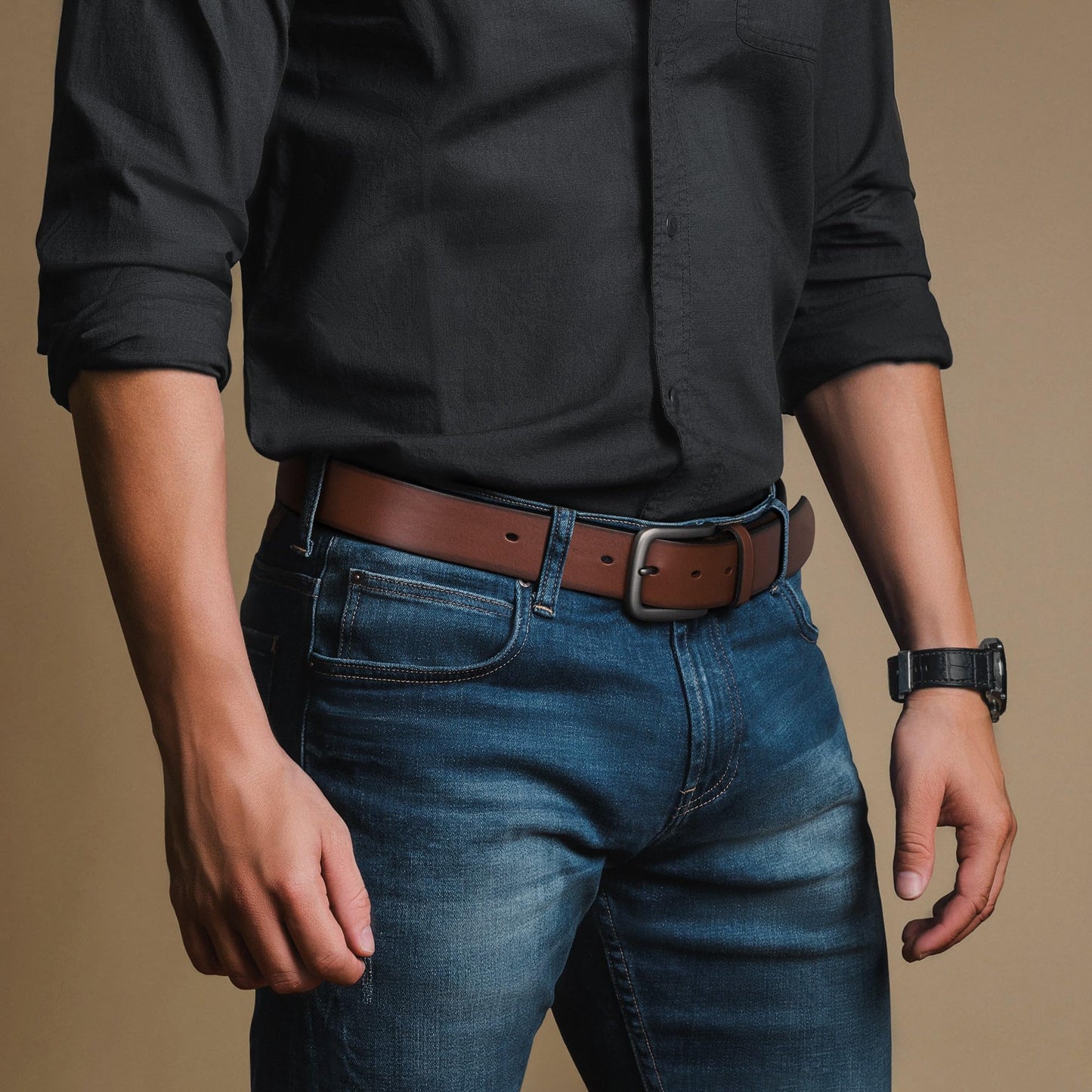 Buffway Men's Leather Belt,1.5" Handcrafted Top-Grain Leather – Durable,Comfortable,Suitable for Everyday Formal & Casual Wear - Size 34" Brown