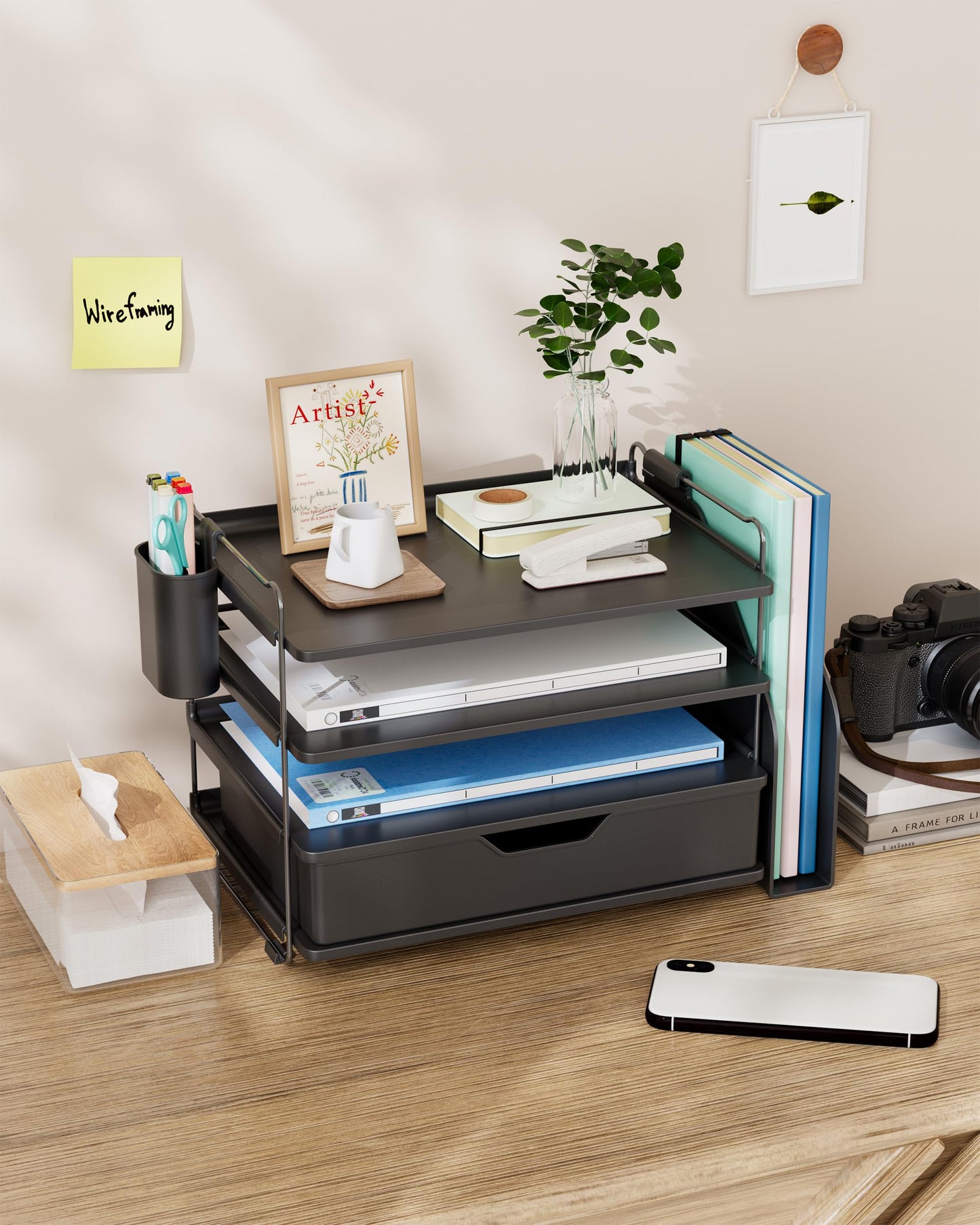 Kitsure Desk Organizer - 4-Tier Office Desk Accessories with Drawer ＆ Pen Holder, Tool-Free Assembly Organizer with Non-Slip Pads, for Office Supplies Storage, Plastic, 13.3" x 8.0" x 10.8", Black