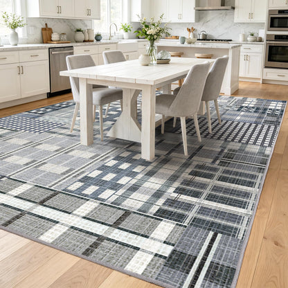 Rezutan Modern Geometric Plaid Distress Indoor Area Rug for Living Room, Blue Gray 5X 7 FT Large Rug Hardwood Floors Decor for Bedroom, Checkered Throw Carpet for Office Entryway Dining Room