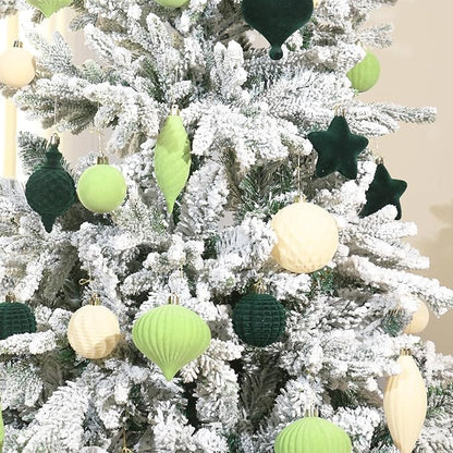 SY Super Bang 30PCS Velvet Christmas Ornaments Set, Flocked Shatterproof Assorted Hanging Xmas Tree Ball Decorations, for Home Party Holiday Decor, Deep Green, Beige, Light Green
