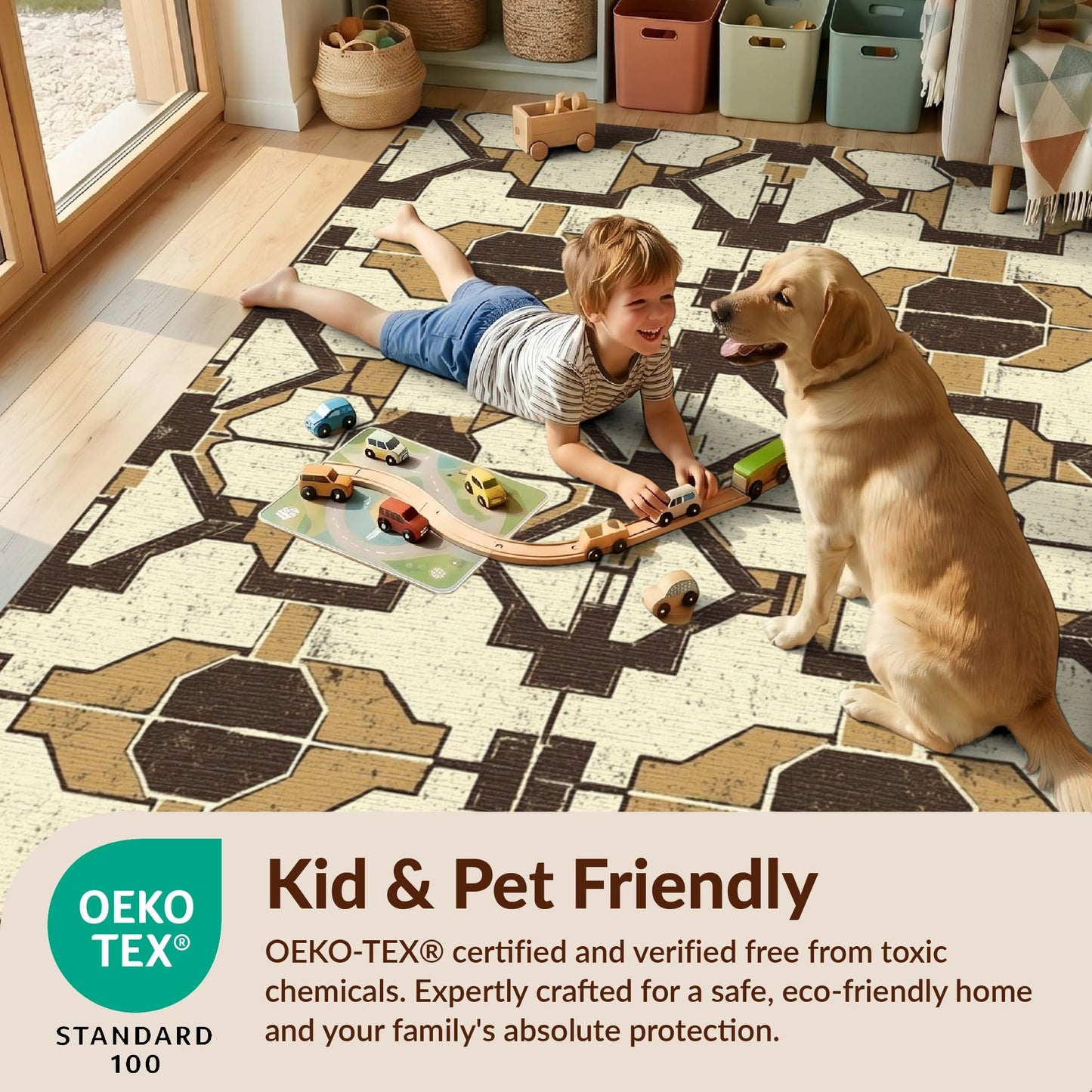 Design&I 3'x5' Washable Area Rug Large Muted Neutral Irregular Shapes Vintage Distressed Over Sleek Flatweave Pet Friendly & Non-Slip Built-in Grip for Bedroom, Walk-in Closet, Nursery