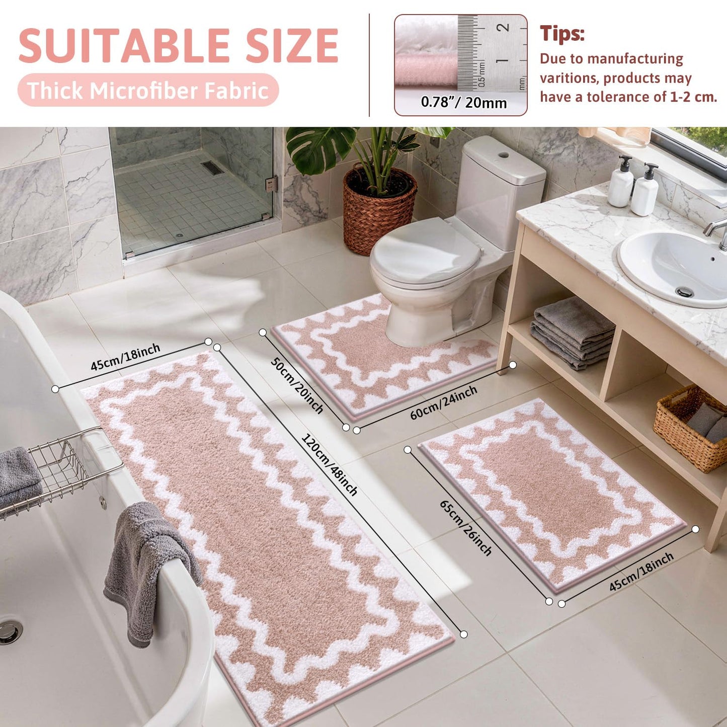 Findosom Scalloped Bathroom Rugs Sets 3 Piece, Absorbent Soft Non-Slip Washable Microfiber Shaggy Bath Mat Set with Bathroom Runner Rug, U-Shaped Toilet Rugs, Shower Rug, Pink-White