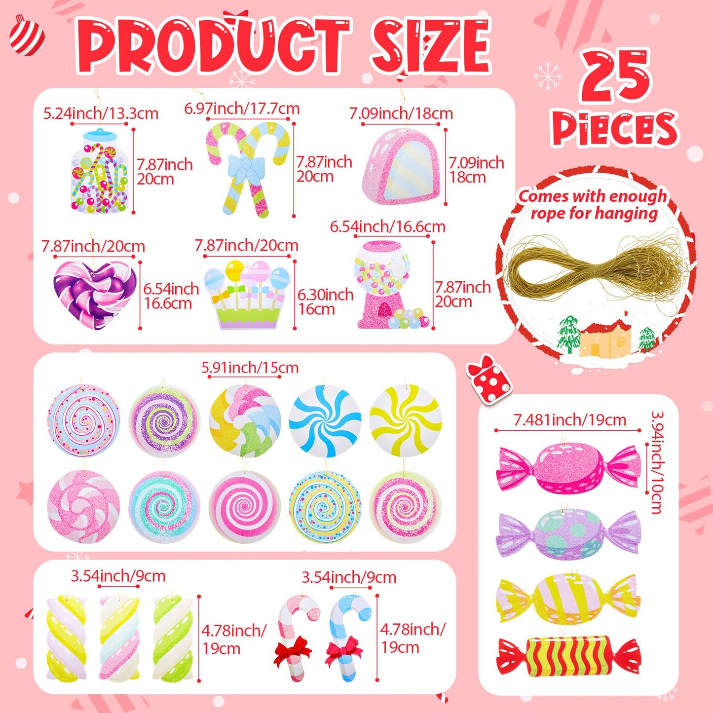 Chunful 25 Pcs Large Pastel Christmas Candy Cane Ornaments Christmas Tree Hanging Decorations Double-Sided Candy Peppermint Lollipop Marshmallow Ornaments for Tree Home Indoor Porch Wall Ceiling
