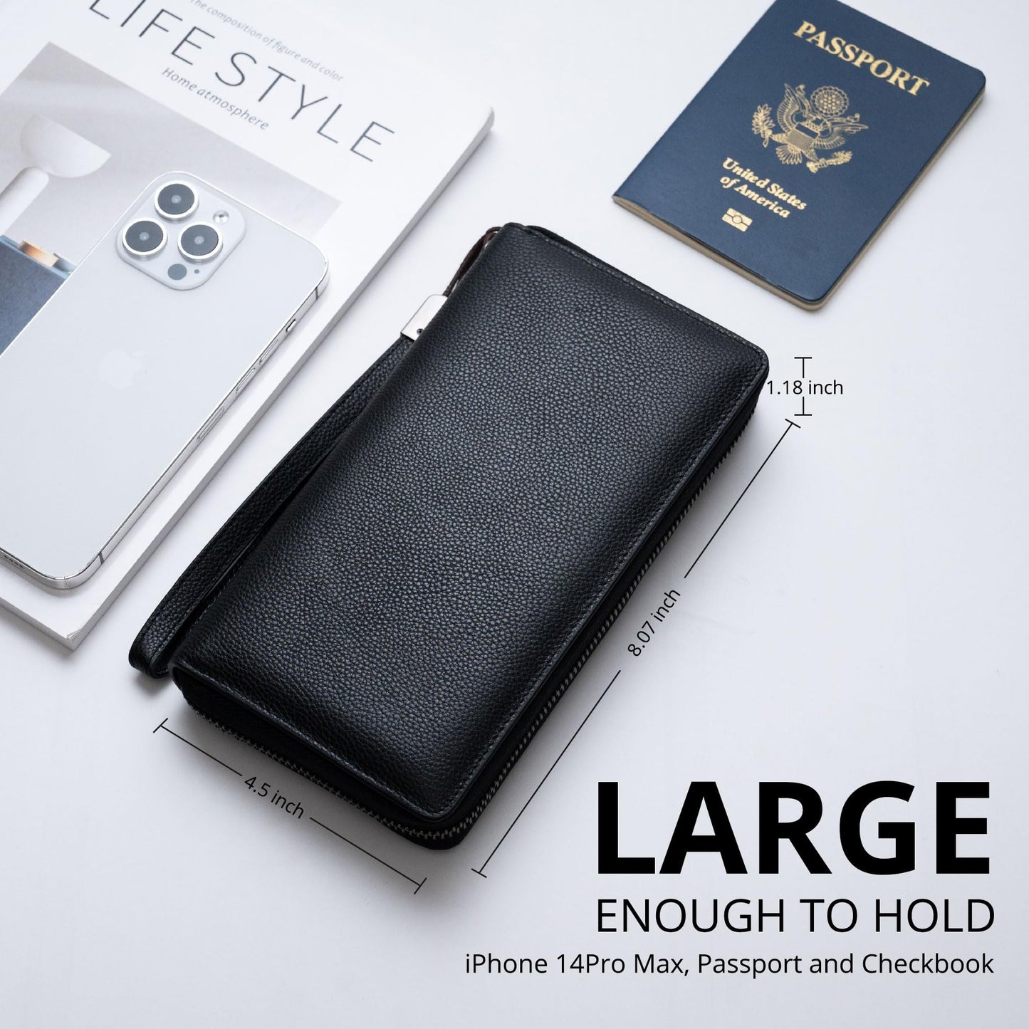 Bveyzi Women RFID Blocking Wallet Leather Zip Around Phone Clutch Large Capacity Ladies Travel Purse Wristlet (Black)