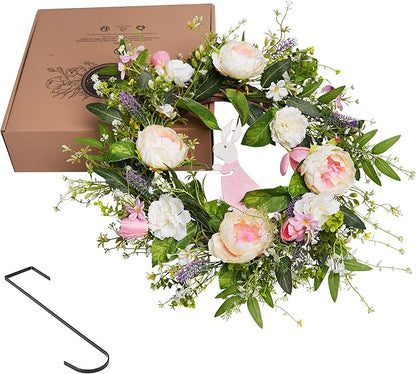 Spring Door Wreath for Front Door with Hook 20-22”, Artificial Spring Door Wreath with White & Pink Peony Lavender Rabbit Wood Sign, Summer Wreaths for Windows Wall Romantic Home Déco
