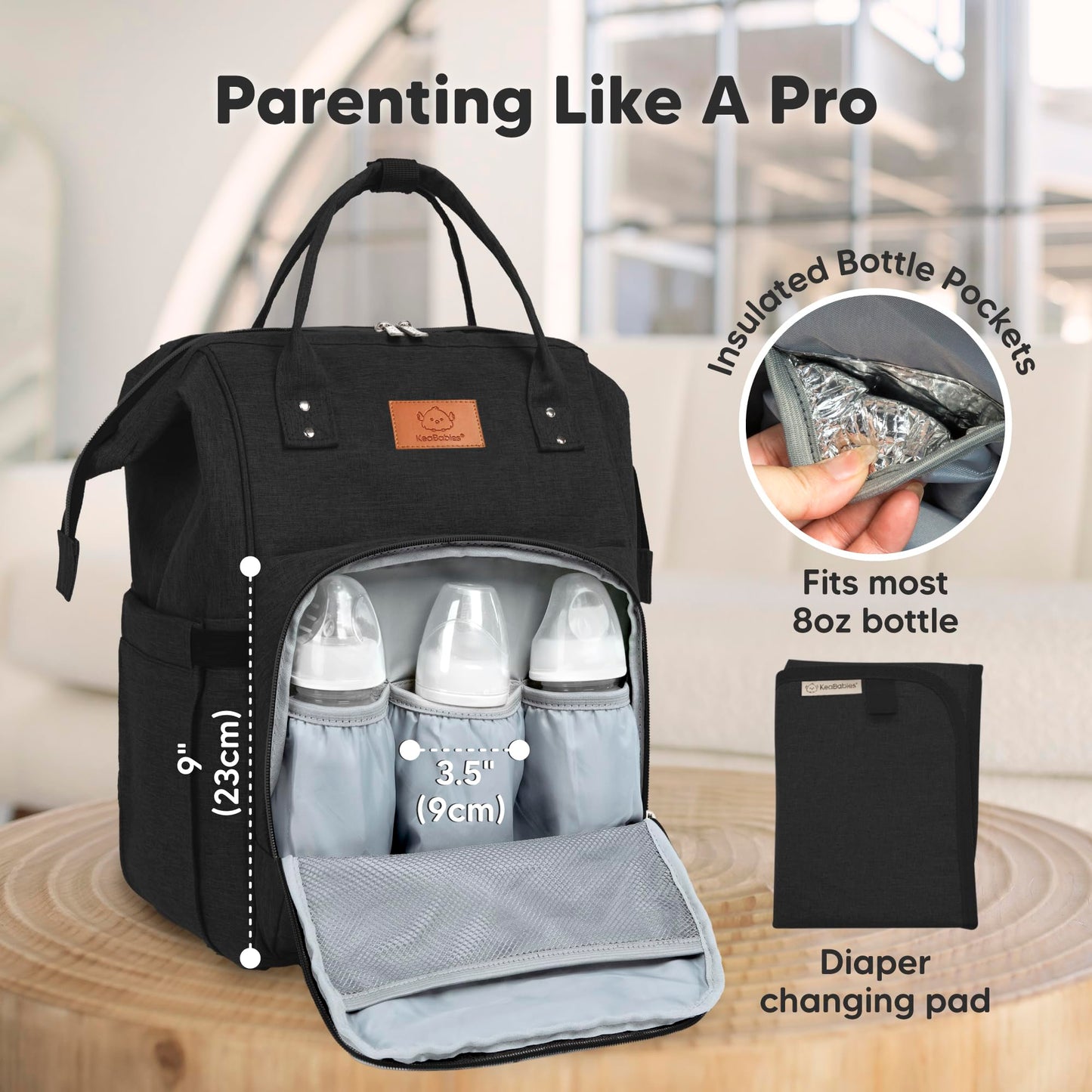 KeaBabies Baby Diaper Bag Backpack - Large Baby Bag for Boys, Girls, Waterproof Multi Function Travel Diaper Backpack with Changing Pad, Durable Travel Essentials for Moms and Dads (Trendy Black)
