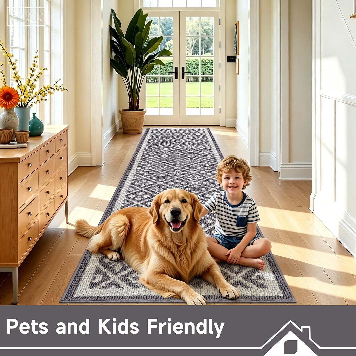 Ileading Hallway Runner Rug 2x10 ft,Washable Indoor Grey Entryway Carpet with Non Slip Rubber Backing,Low Pile Heavy Duty Kitchen Floor Mat for Entrance & High Traffic Areas