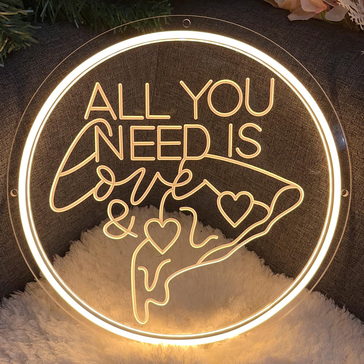 All You Need Is Love &Pizza Neon Sign For Wall Decor 3D Art Carving Design Indoor Bedroom Led Neon Signs Backdrop Flex Christmas Party Business Room Shop Window Birthday Gift(Warm White,USB,30×30CM)