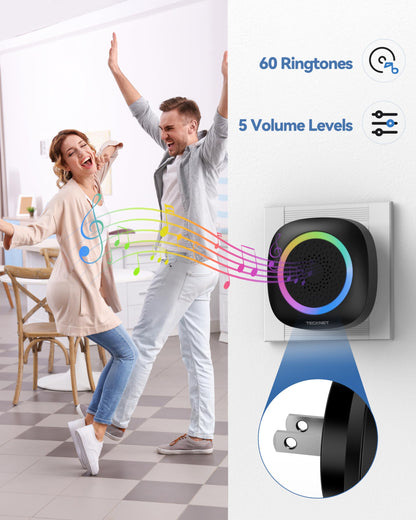 TECKNET Plug-in Wireless Doorbell with RGB Lighting & 1300 Feet Range,IP66 Waterproof Doorbell for Home/Classroom/Office/Business,60 Chimes,5-Level Volume,4.5-Year Battery Life(White)