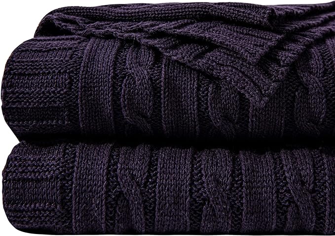 NTBAY 100% Pure Cotton Cable Knit Throw Blanket, Super Soft Warm 51x67 Knitted Throw Blanket for Couch, Sofa, Chair, Bed - Extra Cozy, Machine Washable, Comfortable Home Decor, Eggplant Purple