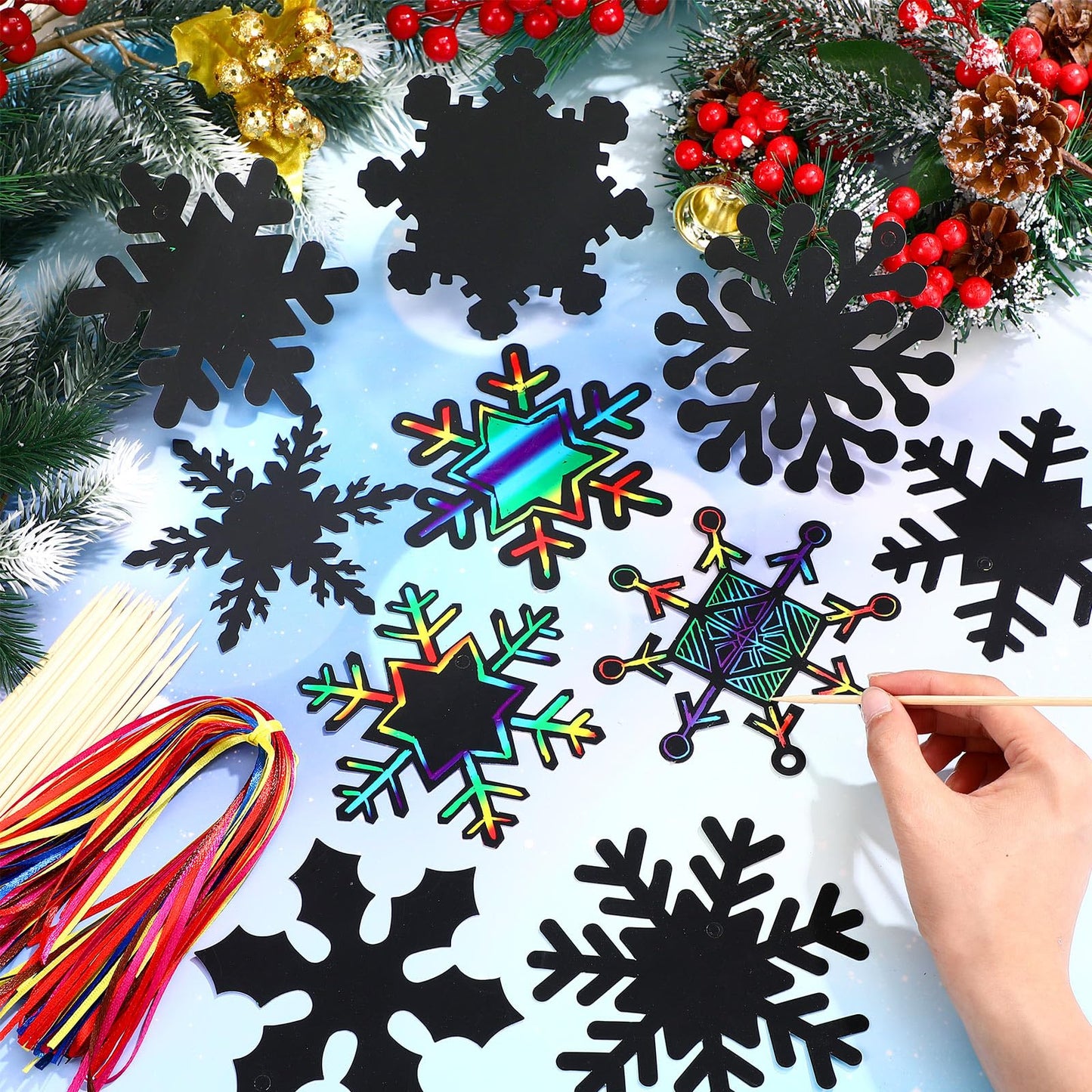 Hollowfly 80 Pcs Snowflake Scratch Cards Winter Scratch Ornaments for Kids Rainbow Winter Crafts Party Supplies for Xmas Gift Home Classroom DIY Activities