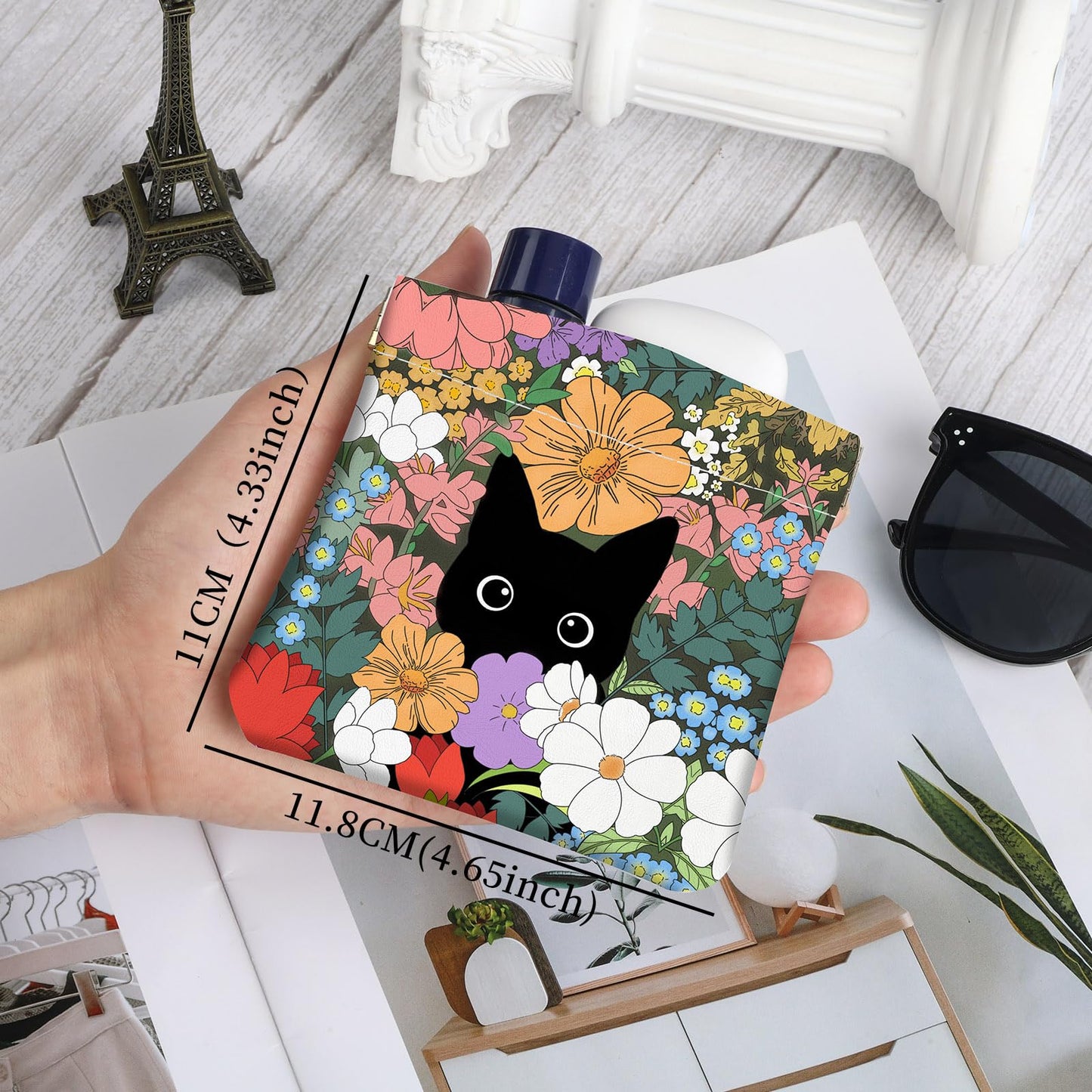 2Pcs PU Leather Small Squeeze Coin Purse Pouch Mini coin Bag Unique And Cute Wallet Cosmetic Bags Change Bag For Women Girls Men Flower And Cat