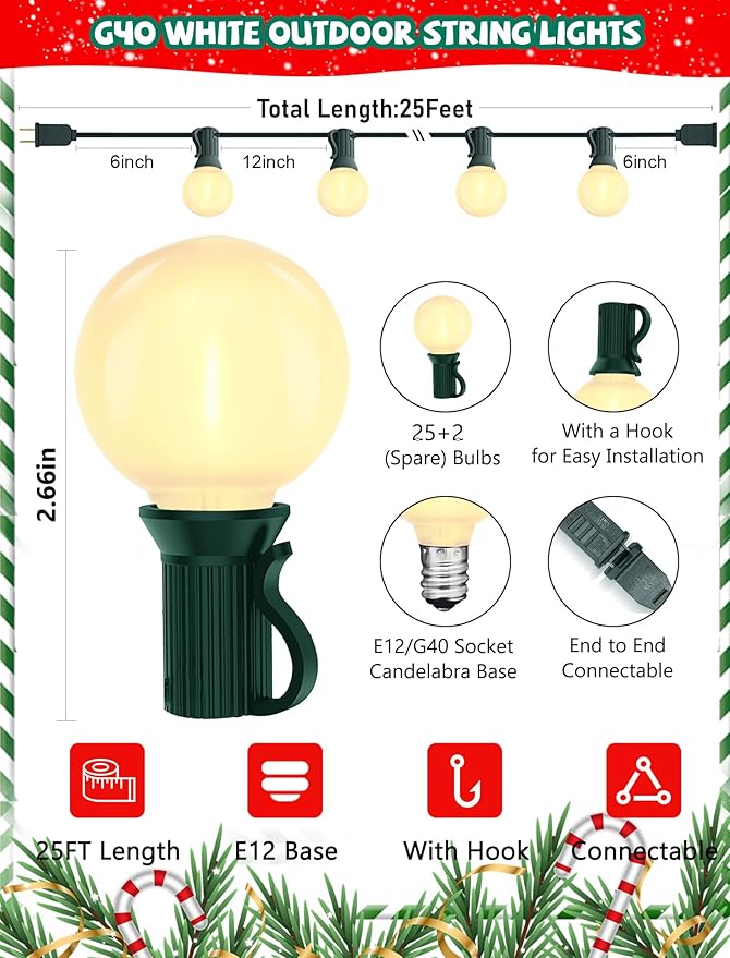 25Ft Outdoor String Lights, G40 Globe Lights with 27 0.6W Frosted Warm White Bulbs, Vintage Christmas Lights for Holiday Party Backyard Christmas Wedding Garden Patio Porch Decor, Green Wire