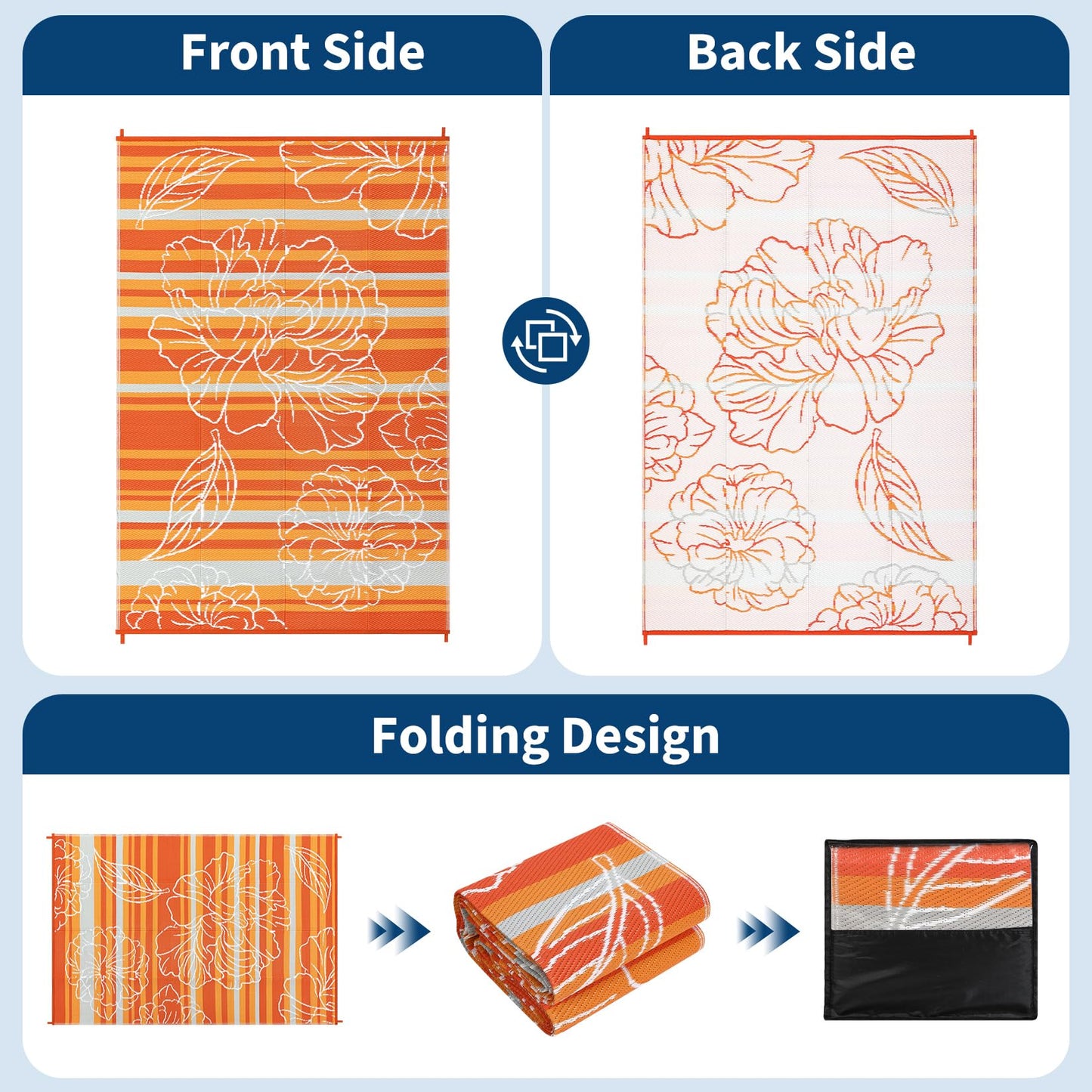Garvee 8x10 Outdoor Waterproof Rug, Floral Outdoor Area Rug，Reversible Plastic Straw Patio Rug, Portable Camping Mat for RV, Picnic, Beach, Balcony, Garden & Camping Orange