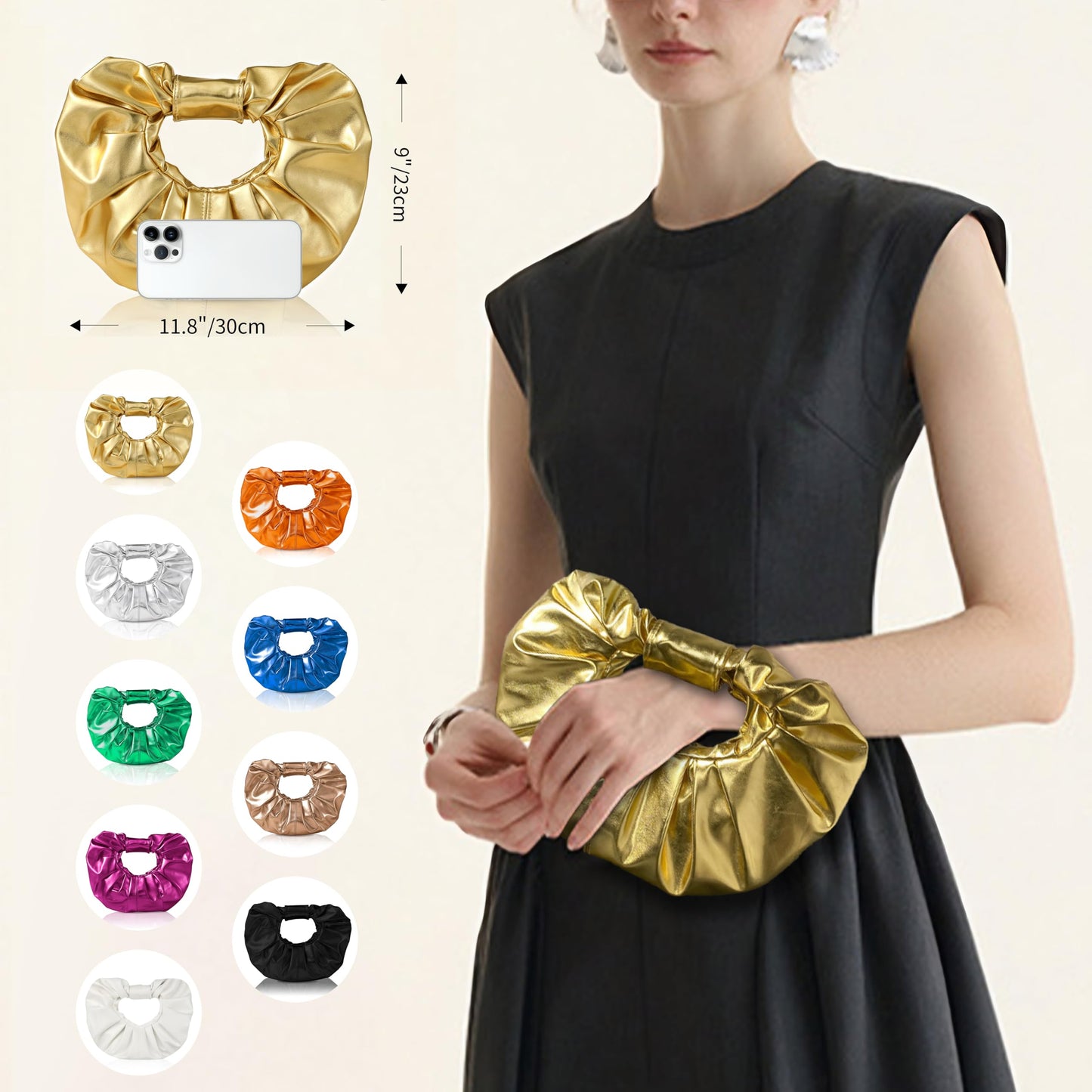 JENSVOIR Clutch Purse for Women - Gold Evening Clutch PU Leather Pleated Bag Designer Purse for Party Prom Wedding