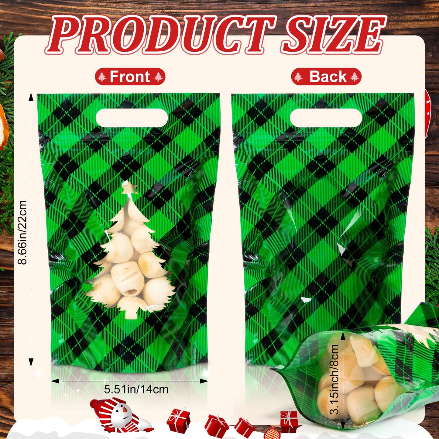 AmazingSpark Summer Christmas Candy Treat Bags with Windows, Holiday Plaid Plastic Sealing Bags with Handles for Xmas Holiday Party Candy or Snacks Gift Wrapping Supplies