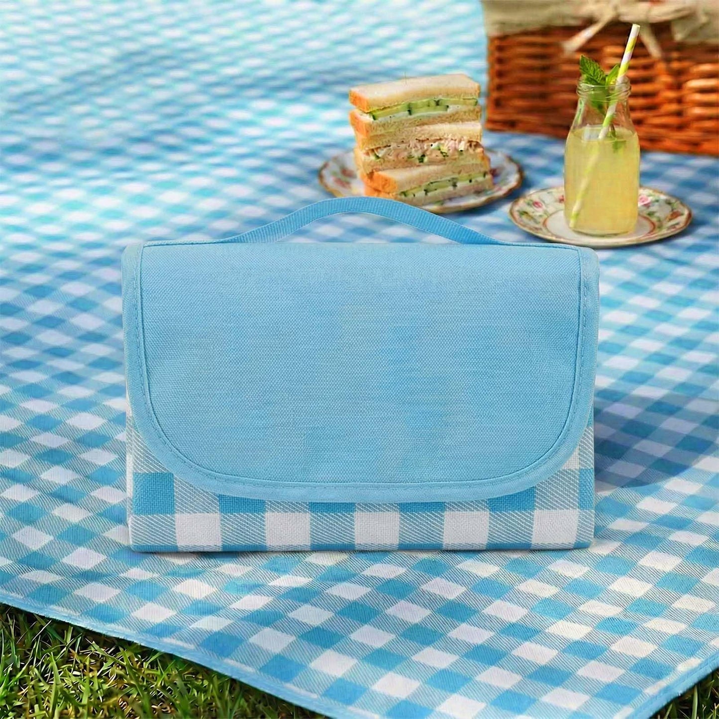 FMLIUY Waterproof Foldable Picnic Blanket Outdoor with Carry Strap,80"X60" Extra Large Beach Blanket Sandproof,Portable Soft Gingham Picnic Mat for Camping Travel Hiking Family Concerts Park(Blue)