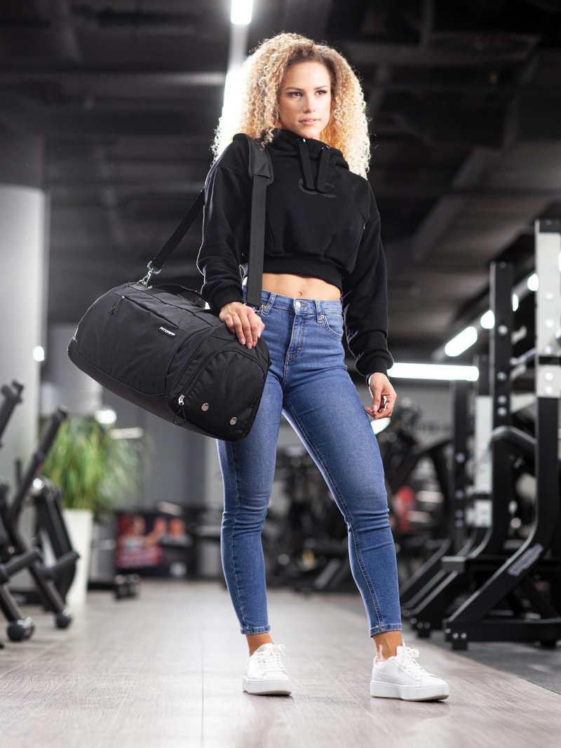 Fitgriff® Gym Bag for Men & Women with Shoe & Wet Compartment - Duffle Bag for Travel, Sports, Fitness & Workout (Full Black, 19 x 10 x 10″ (Small))