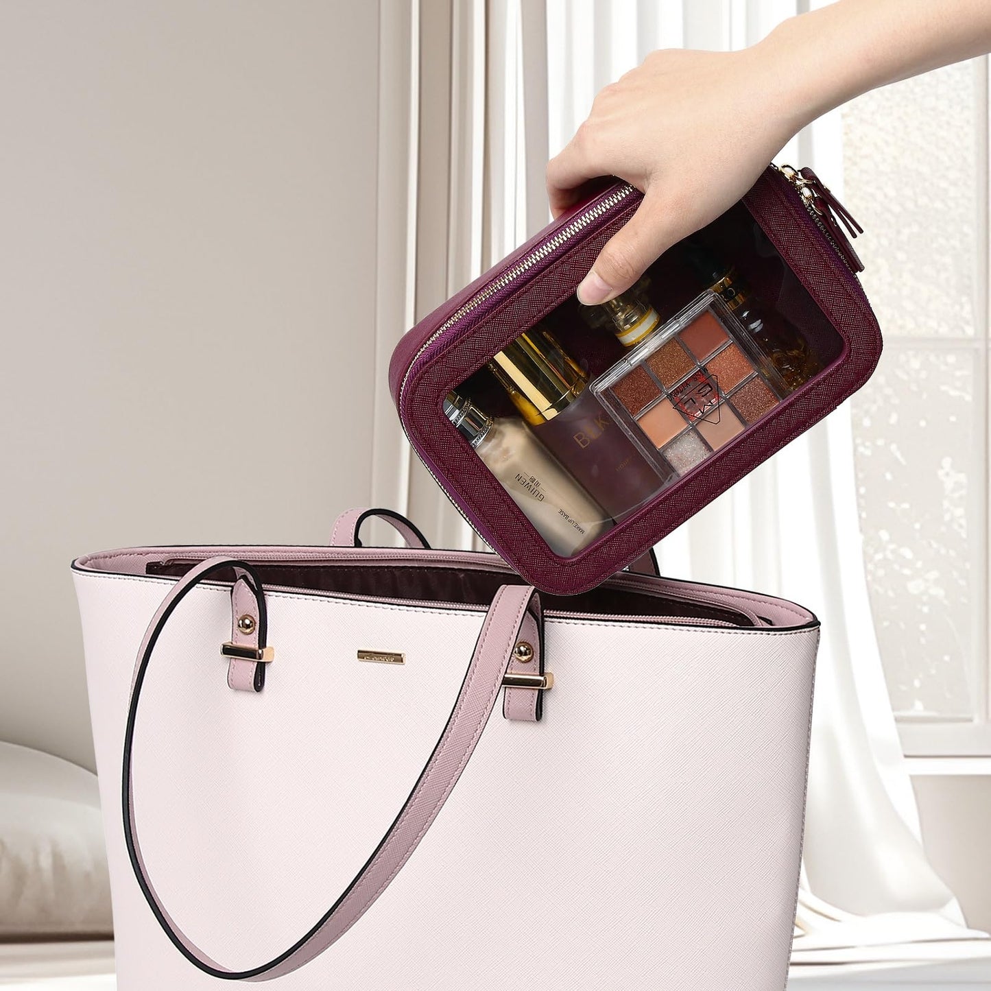 LOFOWN Clear Makeup Bag Small Cosmetic & Toiletry Bag Waterproof Travel Case Women's Pouch Organizer Makeup Bag for Car with Zipper (Burgundy, Small)