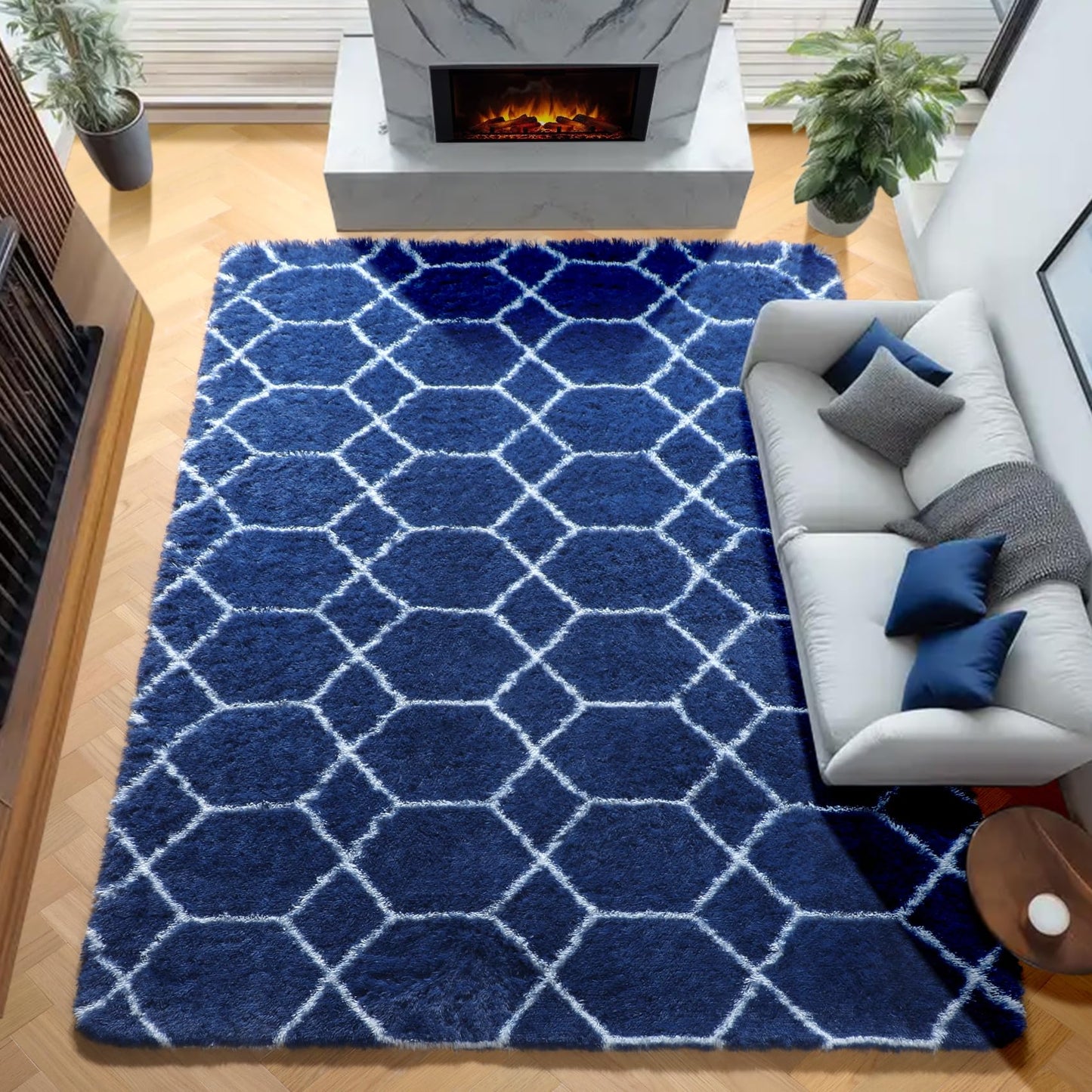 ONASAR Area Rugs for Bedroom Living Room, 4x6 Fluffy Navy Blue and White Throw Rug for Home Decor, Geometric Soft Shaggy Plush Floor Carpet for Kids Girls Boys Teen Nursery Dorm Office