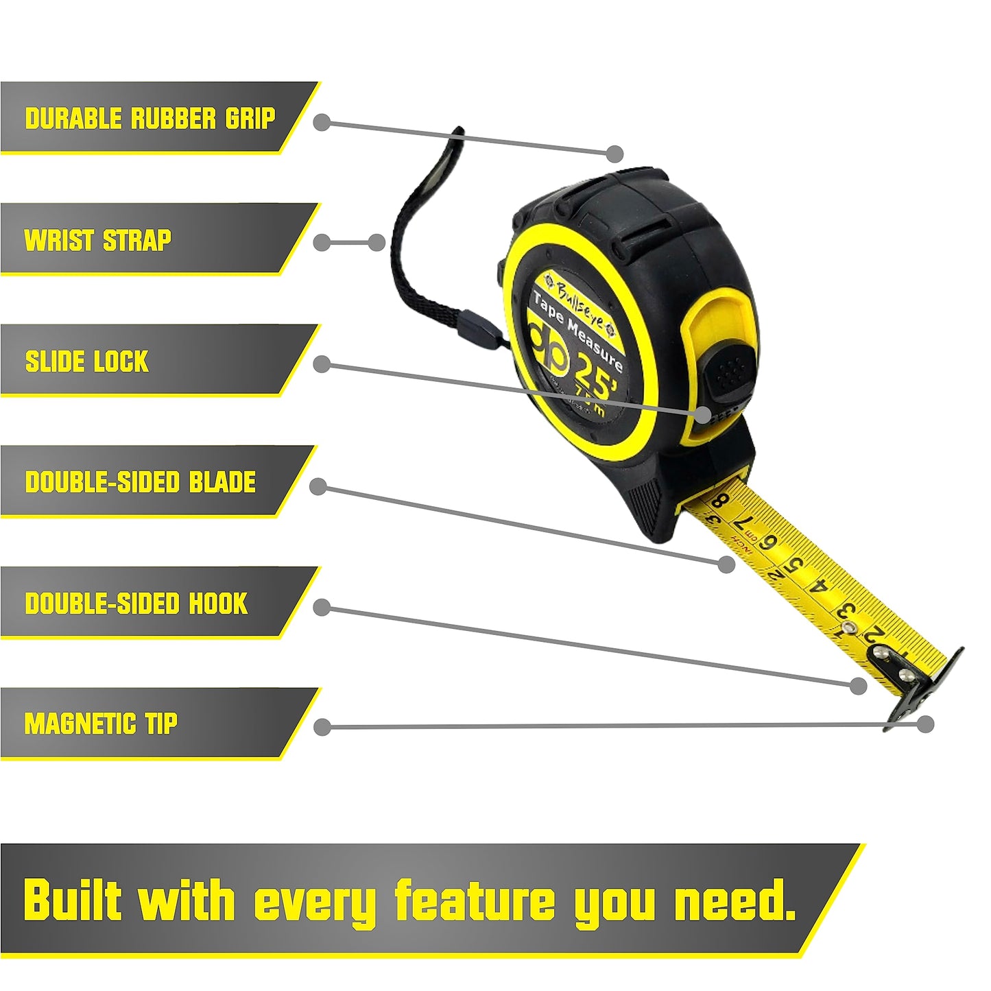 Bullseye 25 Ft Tape Measure with Magnetic Hook - 6 Pack - 1" Double-Sided Blade - Tape Measures with Imperial & Metric Measurements - Retractable Measuring Tapes with Fractions