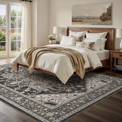 WITSHOCK Living Room Area Rugs 8x10: Washable Rug Boho Soft Non-Slip Low Pile Stain Resistant Foldable Carpet for Bedroom Playroom Dining Room Office Kitchen Farmhouse Home Decor Rug-Bitter Black