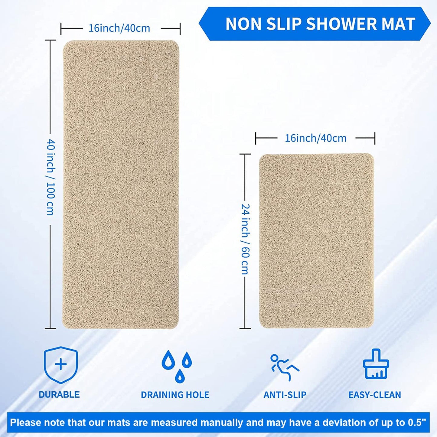 Hargiis Non Slip Bathtub Mat, Foot Scrubber Anti Slip Fast Drying Shower Mat for Tub, Floor,Bathroom, Home, Kitchen, Hotel, Beige, 24x16 Inches