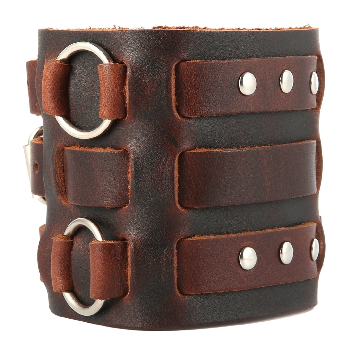 HZMAN Men's Alloy Ring Genuine Leather Bracelet Bangle Cuff Silver Tone Adjustable (Brown)