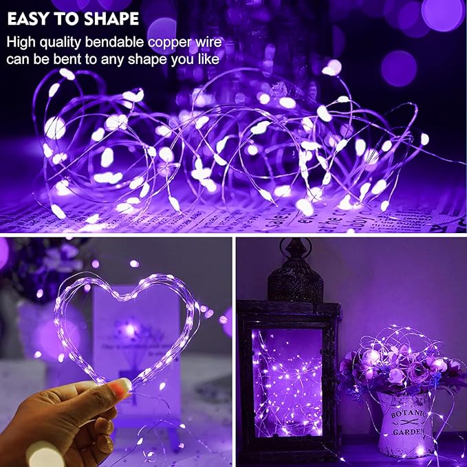 pozzolanas 100 Pack Purple Fairy Lights Battery Operated 3 Modes 7FT 20 LED Waterproof String Lights Twinkle Silver Wire for Mason Jars Wedding Christmas Halloween Party Decor (100, Purple)