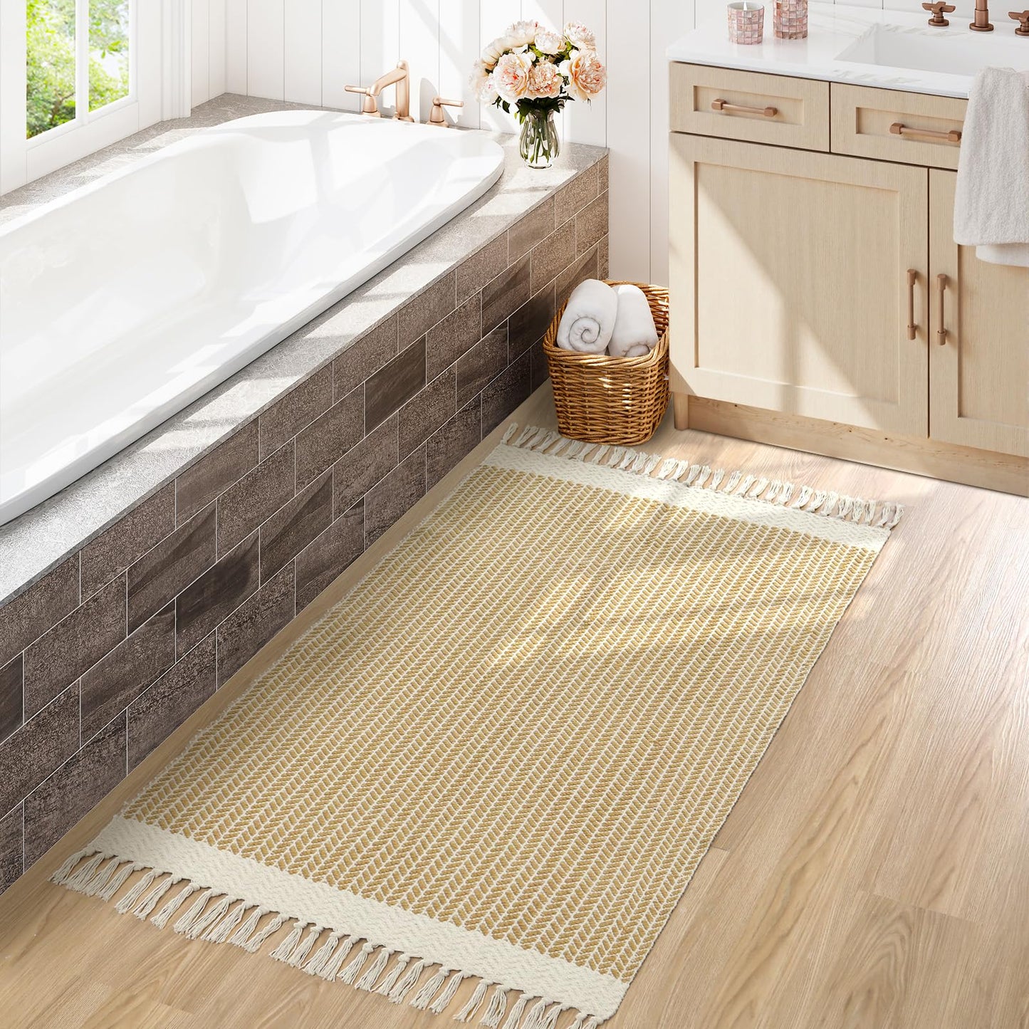 Lahome Belle Boho Rugs for Bedroom, 3x5 Bathroom Rug Lightweight Farmhouse Woven Area Rug with Tassels, Throw Rugs Washable Kitchen Rug Non Shedding Indoor Door Mats for Entryway Living Room, Khaki