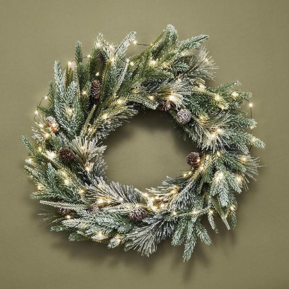 LampLust Cypress Christmas Wreath with Lights, 22 Inch Wreath with 100 Battery Operated LED Lights and Velvet Bow, Winter Wreaths for Front Door Christmas Decorations Holiday Decor