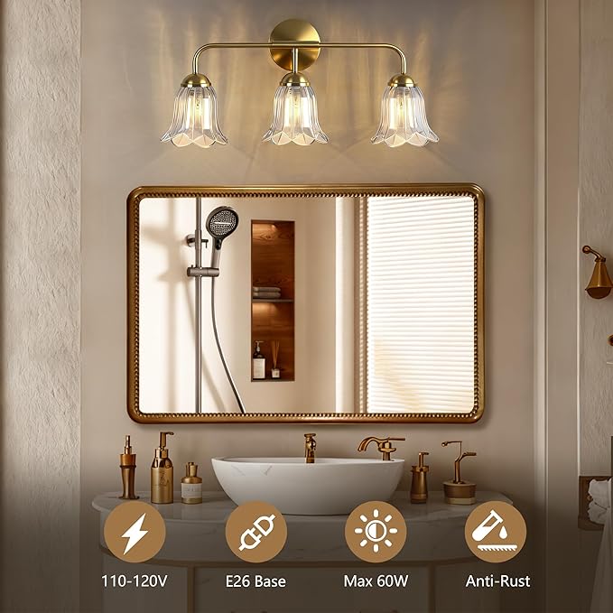 3-Lights Bathroom Vanity Light, Gold Vintage Bathroom Light Fixtures, Matte Antique Brass Finish with Crystal Glass Shade, Wall Sconces Lighting for Living Room, Bedroom, Hallway（E12 Base）