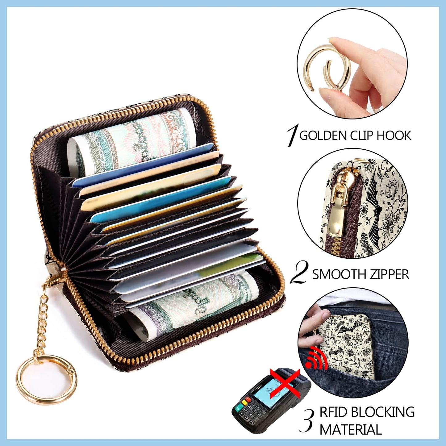 Blusabaca Credit Card Holder for Women, Goth Small RFID Blocking Wallet with Wristlet Strap, Gothic Zipper Keychain Women Wallet, Leather Card Case Wallet Purse with Key Lanyard