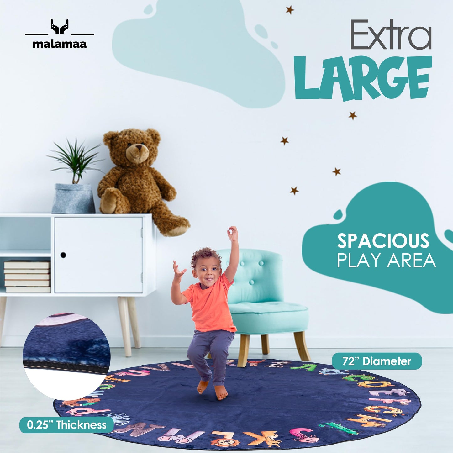 Malamaa ABC Alphabet Rug for Kids – 6 ft Round Blue Play Mat for Toddlers & Babies, Soft Nursery Decor for Learning Letters, Classroom & Playroom Area Mat
