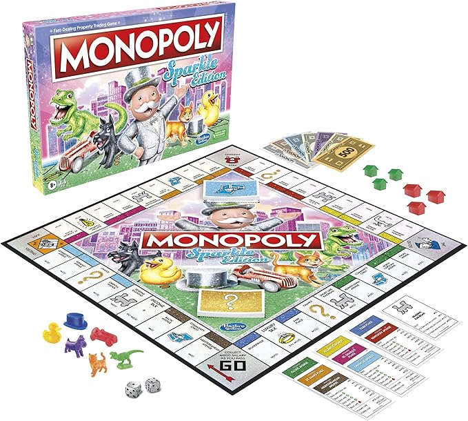 Hasbro Gaming Monopoly Sparkle Edition Board Game Family Games with Glittery Tokens Pearlescent Dice Sparkly Look (Amazon Exclusive)