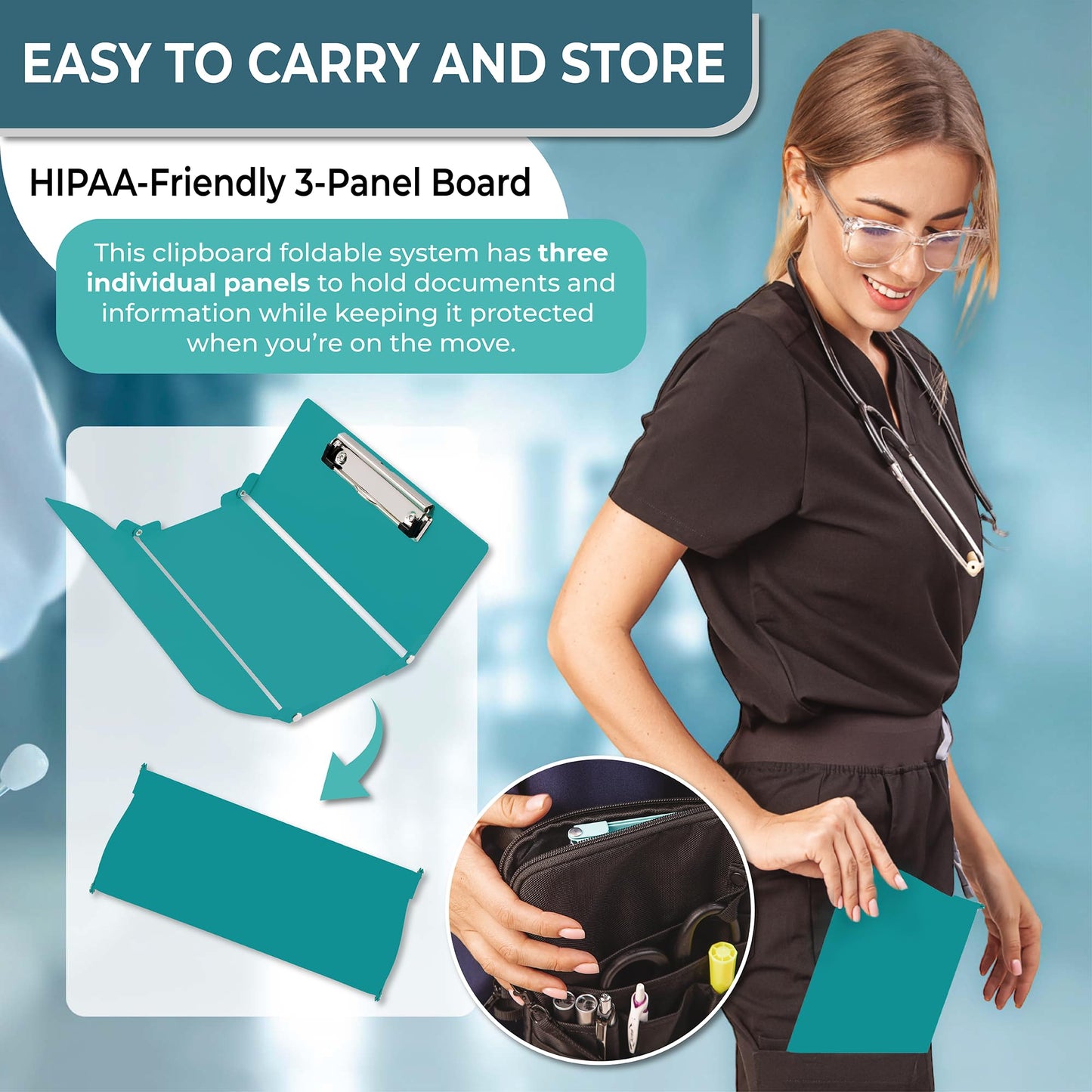 First Lifesaver Foldable Nurse Clipboard, 3 Layers Aluminum, Teal Blue
