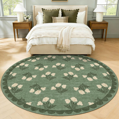 Othilic Sage Green 6ft Round Area Rug for Living Room - Large Washable Floral Boho Farmhouse Scalloped Circle Rug for Bedroom Stain Resistant Dining Room Rugs for Under Table Soft Non-Slip Nursery Rug