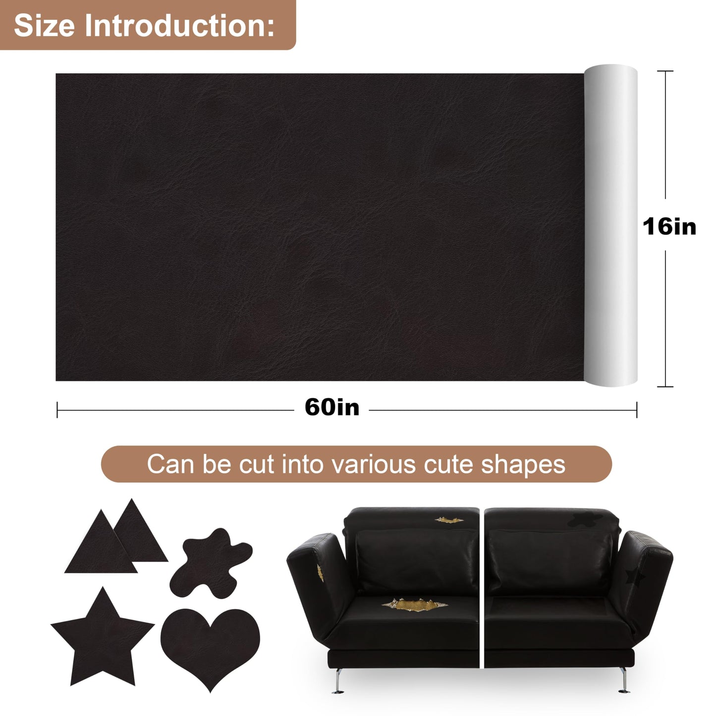ONine Leather Repair Patch, Self-Adhesive Couch Patch, Multicolor Available Scratch Leather 16X60 Inch Peel and Stick for Sofas(Chocolate Brown)