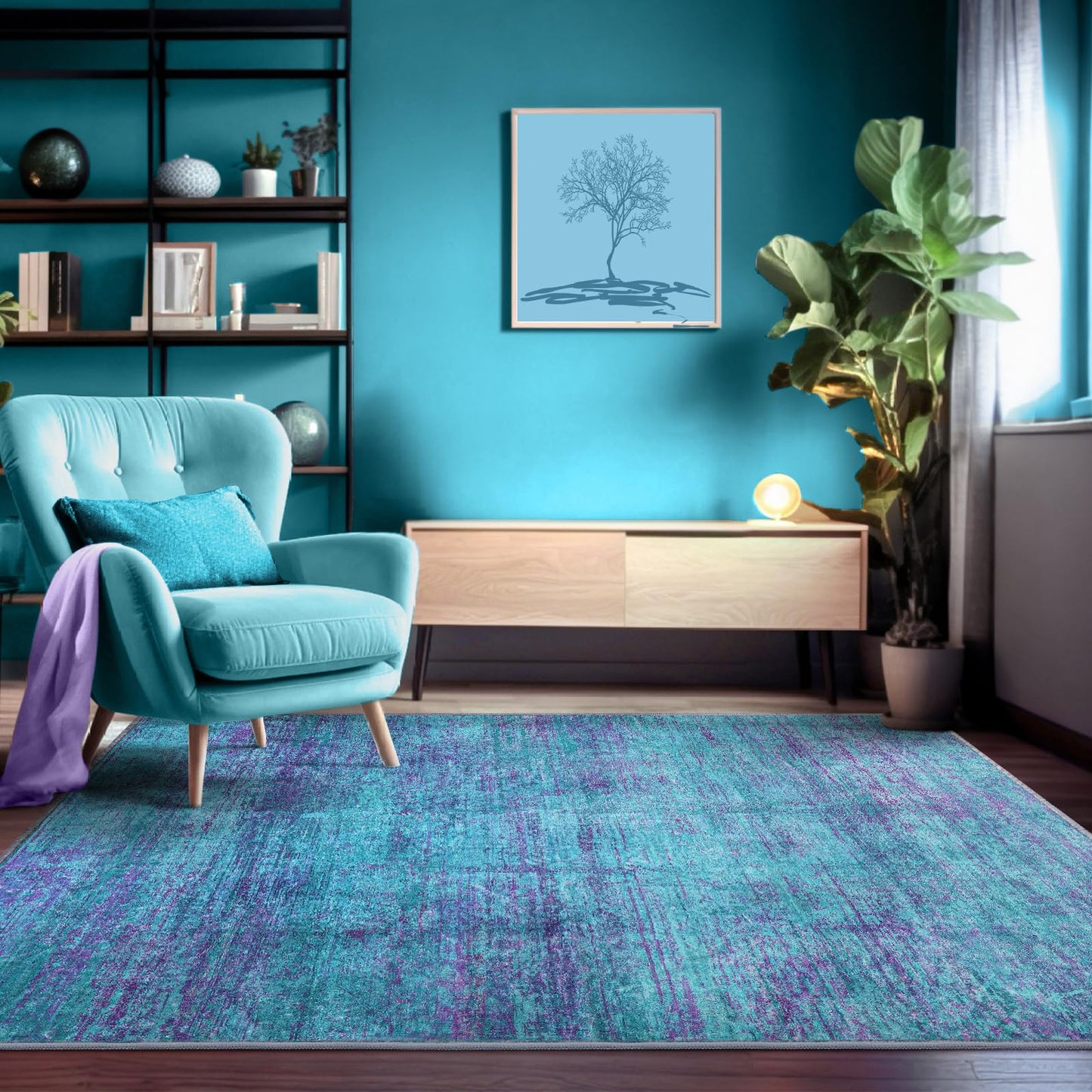FLYRUGGO Abstract 5x7 Area Rug, Modern Teal Purple Throw Rugs for Living Room, Washable Soft Large Non-Slip Accent Carpet Floor Mat for Dining Room Office Bedroom - Teal+Purple