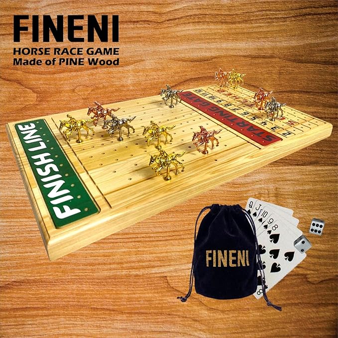 Horse Racing Game for Adults With 11 Luxurious Metal Horses (Silver Black Rose Gold) 22 Pine Wood Race Game Board Dice &amp Card Included (Log Color3)