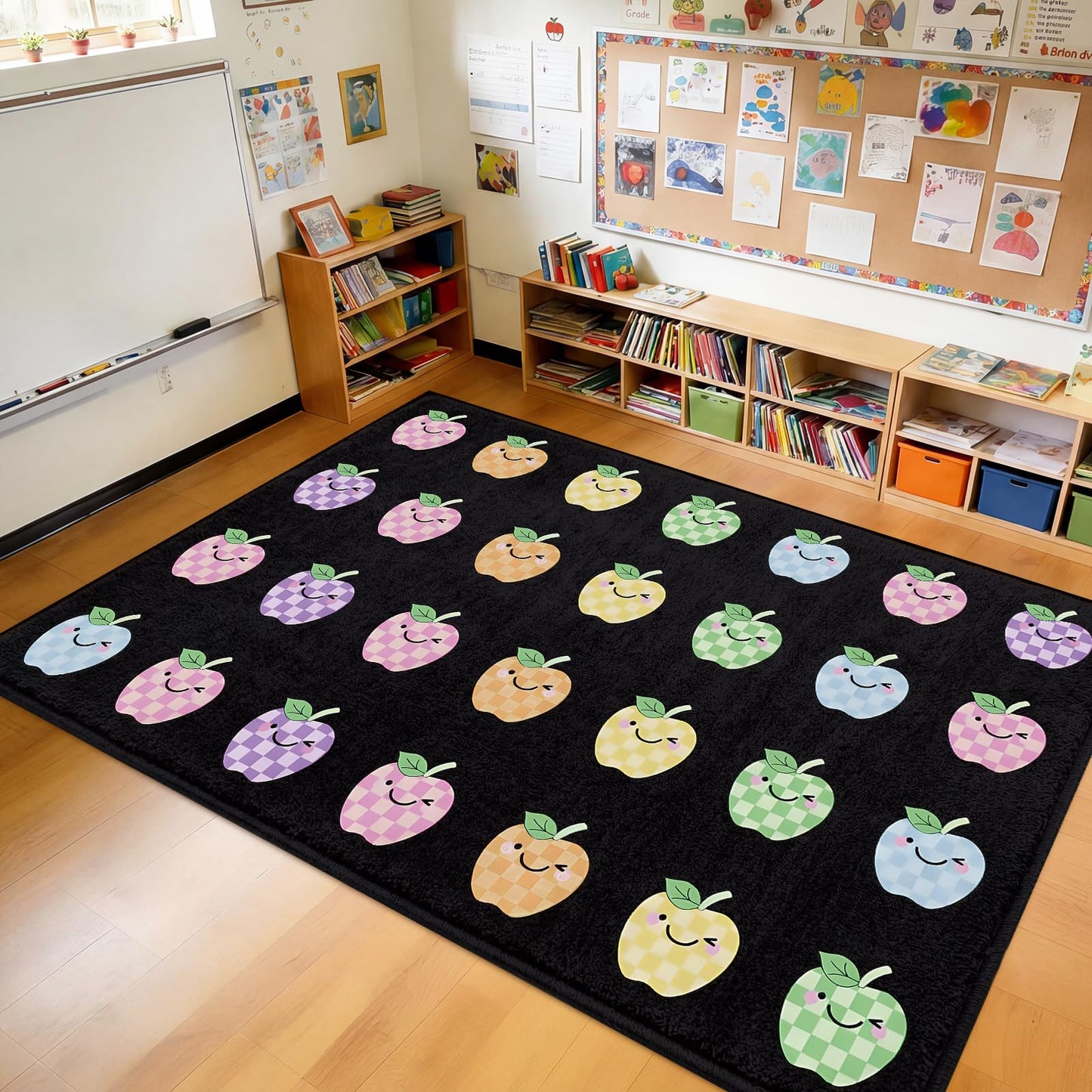 Breling Pastel Apple Classroom Rug 7'6" x 12' Large Classroom Carpet Fun Durable School for Learning Centers Primary Kindergarten Nursery Learning Play Group Activities Mat Back to School Decor