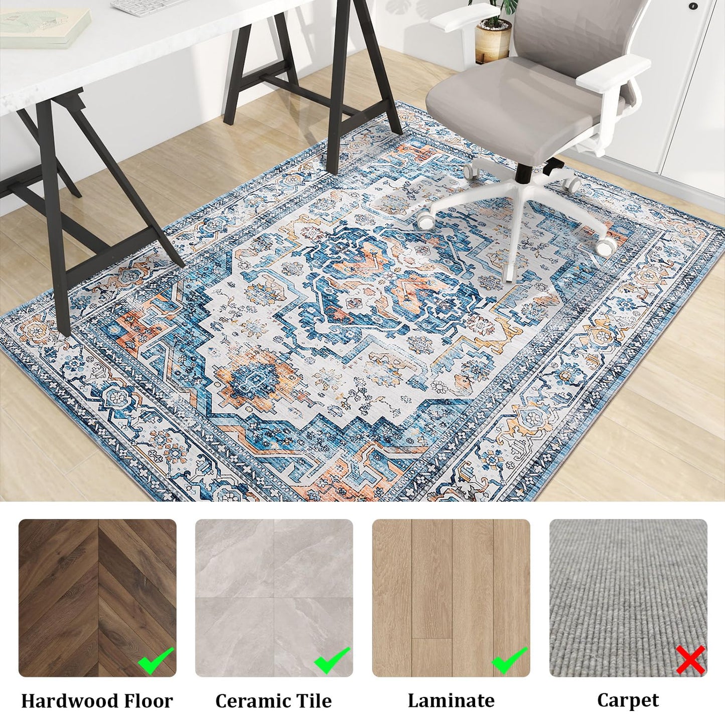 chakme Office Chair Mat for Hardwood Floor, 48"x36" Easy Glide Computer Desk Mat Protector for Rolling Chair Under Desk Rug Nonslip Backing, Machine Wash, (Boho)